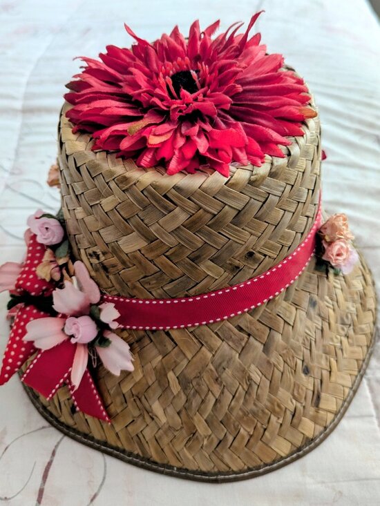 Vintage 1950\'s-60\'s Straw Floral Sun Hat-Tiki Hat-Flowers & Red Robbon Cute main image 10